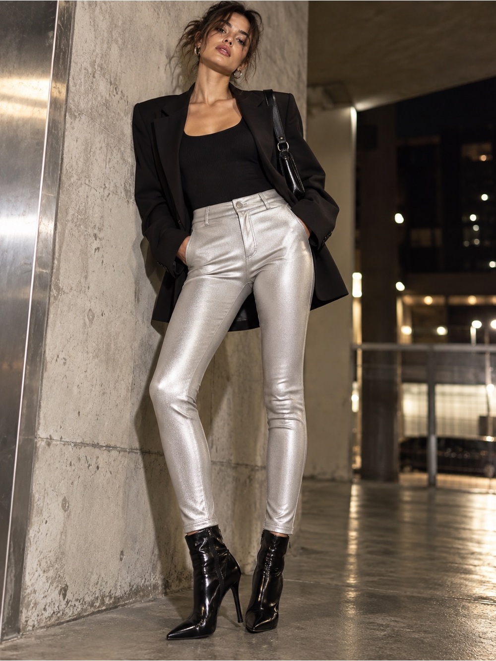 SKIMS Legging Pants Silver Stretch Metallic High Rise Skinny Pants Glam Punk